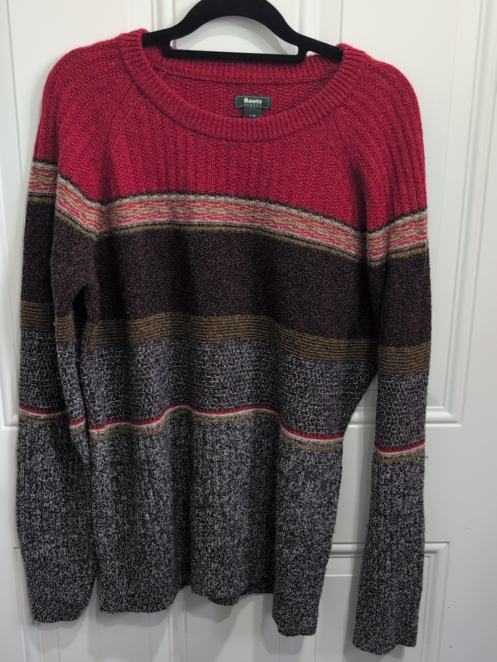 Roots Canada Lambswool/Nylon Colorblock Striped Crewneck Sweater Large